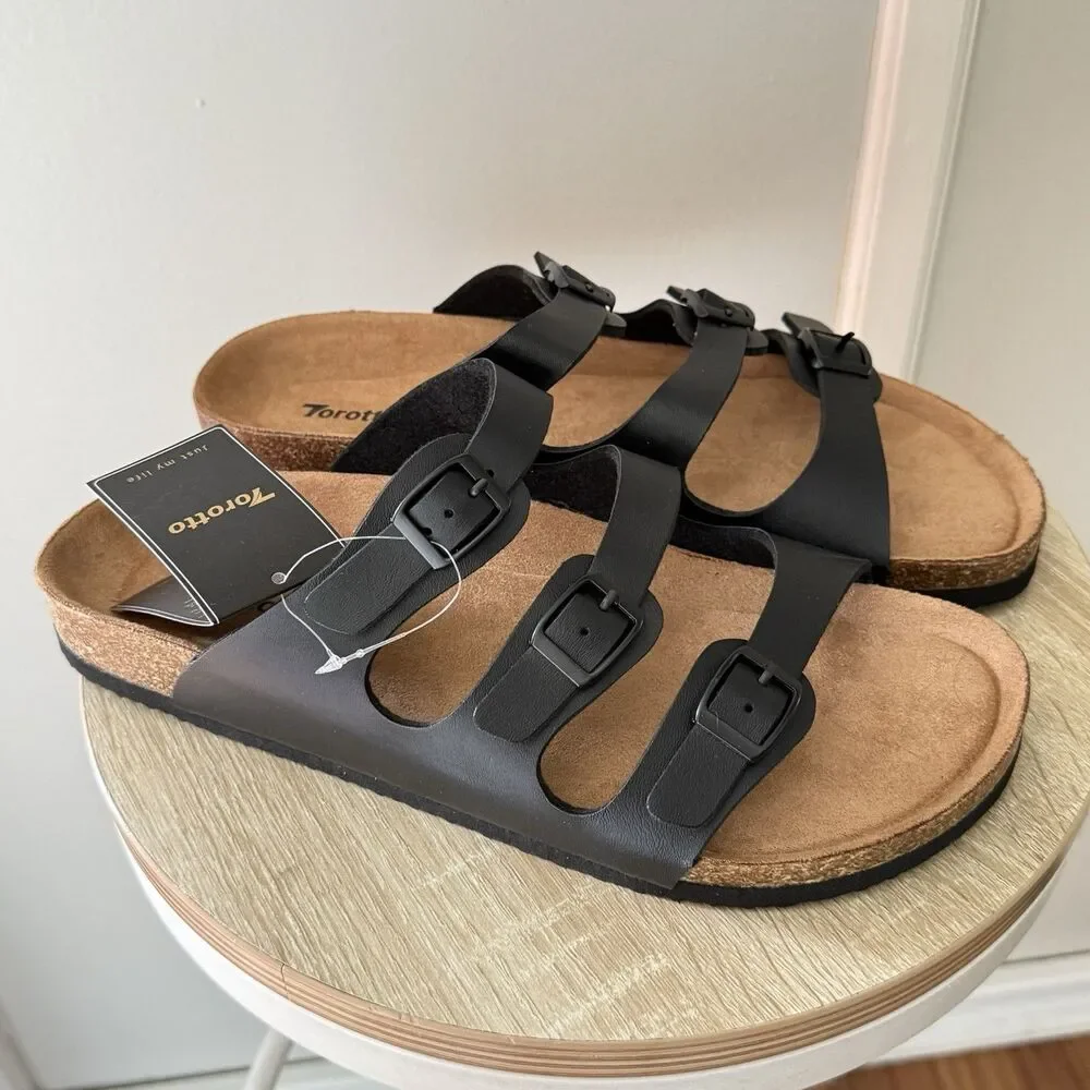 NWT Torotto Mens Slides with Cork Footbed Open Toe Flat Sandals,Black, Size 44